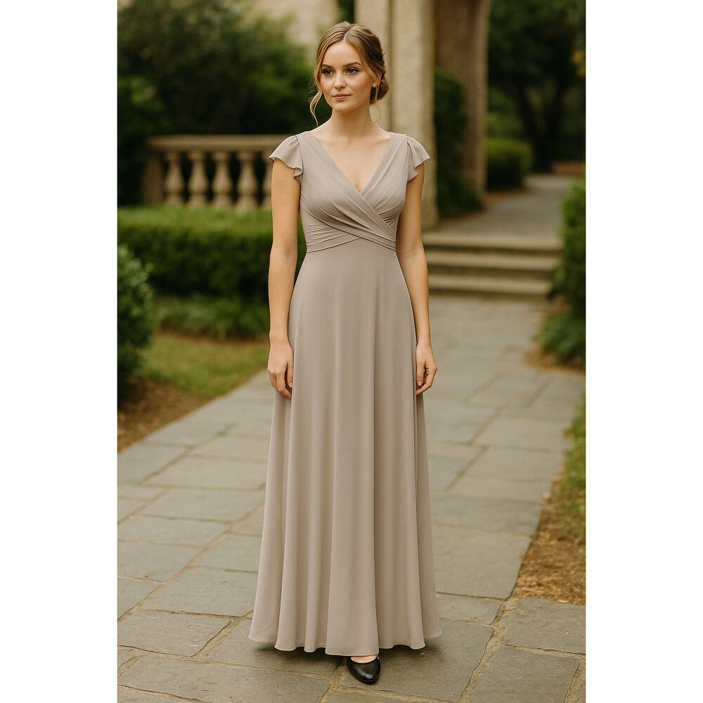 Birdy Grey Taupe cap sleeve wrap bodice Bridesmaid Dress